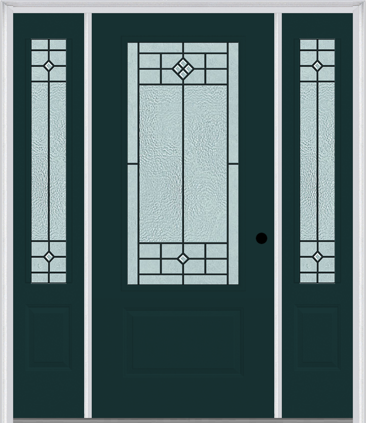 MMI 3/4 Lite 1 Panel 6'8" Fiberglass Smooth Beaufort Patina Exterior Prehung Door With 2 Beaufort Patina 3/4 Lite Decorative Glass Sidelights 608